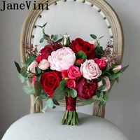janevini chinese red rose wedding bouquet for bride silk bridal holding flowers artificial pink peony bouquet fleur artificielle