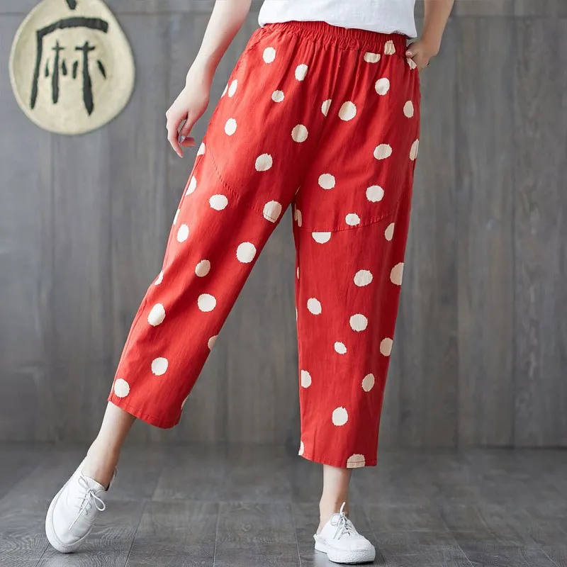 Women's Polka Dot Harem Pants Print Cotton and Linen Lady Loose Large Size Wild Casual | Женская одежда