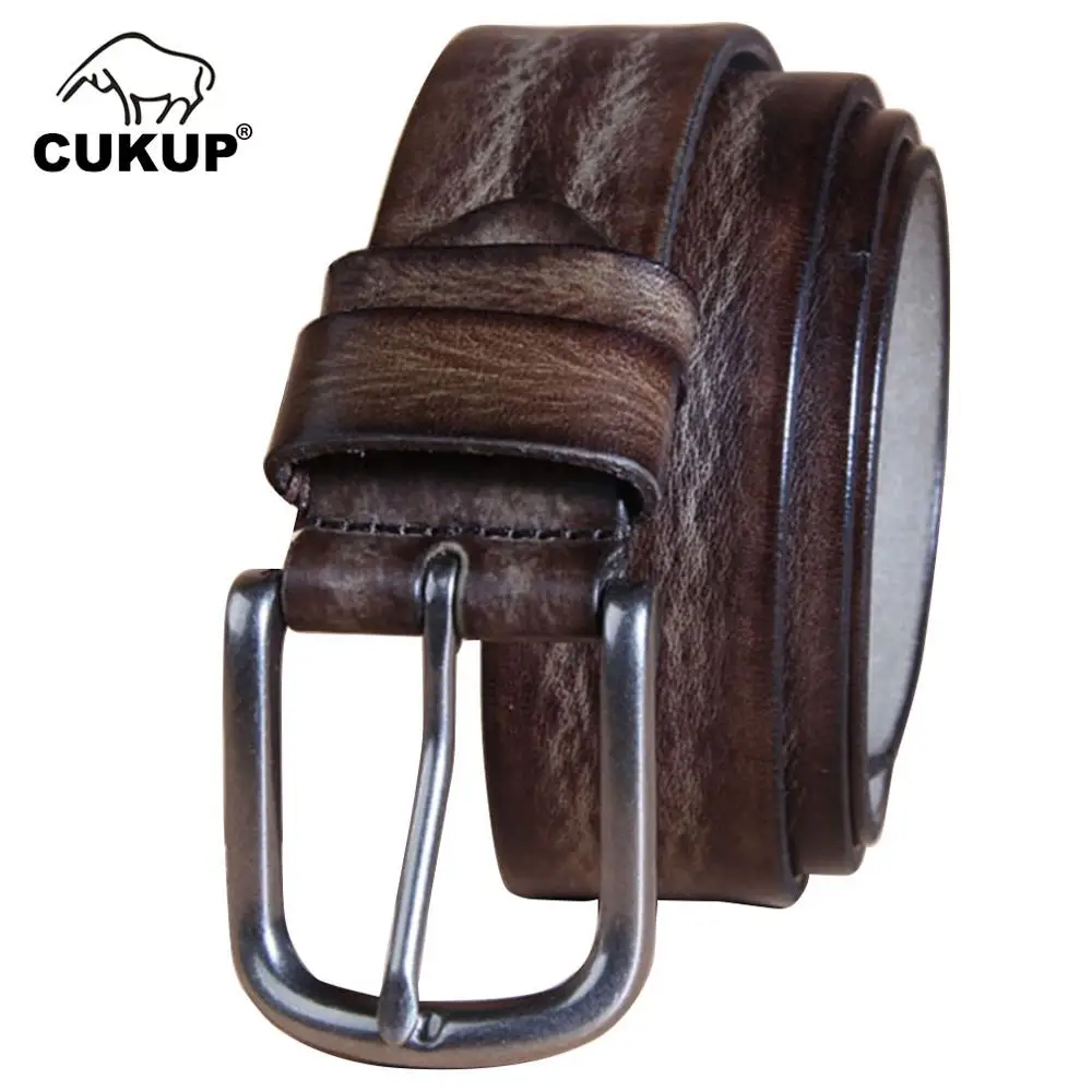 CUKUP Top Quality Striped Pattern Gray Cow Skin Leather Belts Alloy Pin Buckle Metal Belt Men Retro Styles Accessories NCK328