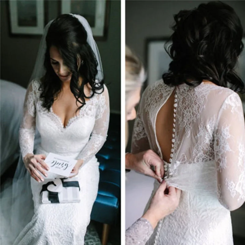 

New Women Sexy Deep V Neck Ladies White/Ivory Wedding Jackets Lace Long Sleeve Boleros Custom Size Bridal Jacket