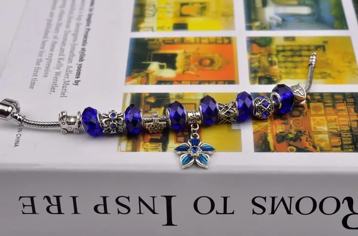 2018 Blue Fashion Flower Glass Crystal Beads Charm Bracelet For Women Silver Plated Chaveiro Bracelets & Bangles Pulsera Jewelry |