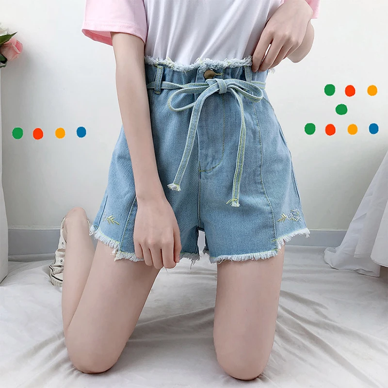 Милые женские повседневные свободные расклешенные Мини шорты из денима с
