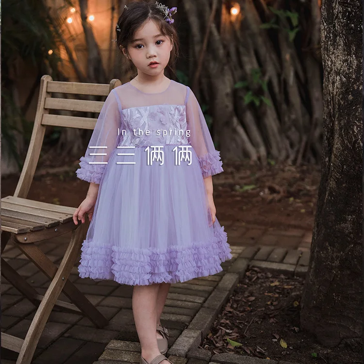 2019 spring Korean cute princess fluffy mesh dress 7 points puff sleeve transparent | Детская одежда и обувь