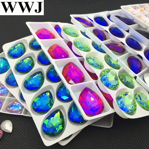 Цветной стеклянный кристалл AB всех размеров, каплеобразный необычный камень 10x14,13x18,18x30 мм, каплеобразные бусины, ювелирный камень без отверстий Цветной стеклянный кристалл AB всех размеров, каплеобразный необычный камень 10x14,13x18,18x30 мм, каплеобразные бусины, ювелирный камень без отверстий