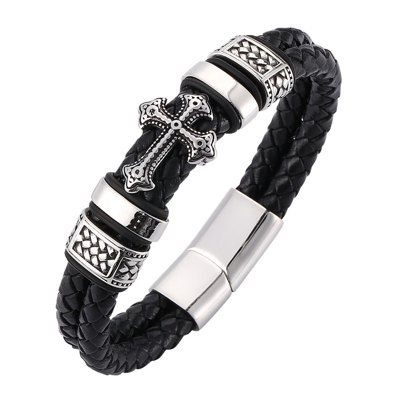 

Trendy Mens Bracelets Double Layer Black Braided Leather Cross Bracelet Stainless Steel Magnetic Clasp Charm Male Jewelry SP0075
