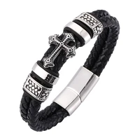 trendy mens bracelets double layer black braided leather cross bracelet stainless steel magnetic clasp charm male jewelry sp0075