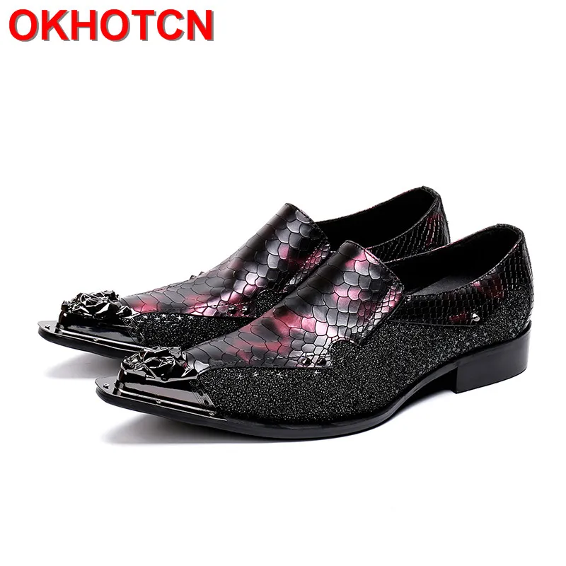 

Bling Rhinestore Leather Shoes Men Patchwork Snake Formal Shoes Men Slip On Red And Black Pointed Toe Zapatos De Hombre OKHOTCN