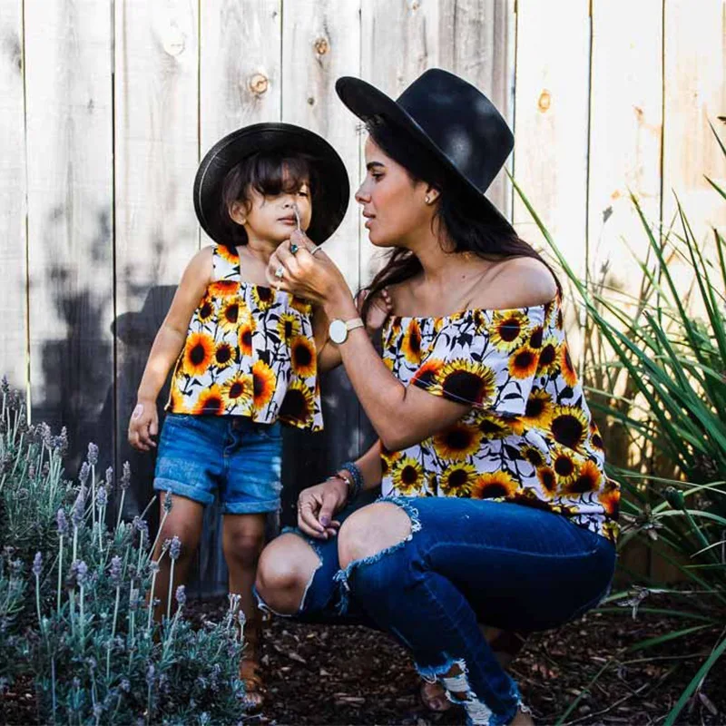 2019 Mommy and Baby Daughter Shirts Top Tee Vintage Sunflower Printing Off One-shoulder Shirt Family Matching Clothes Clothing | Мать и