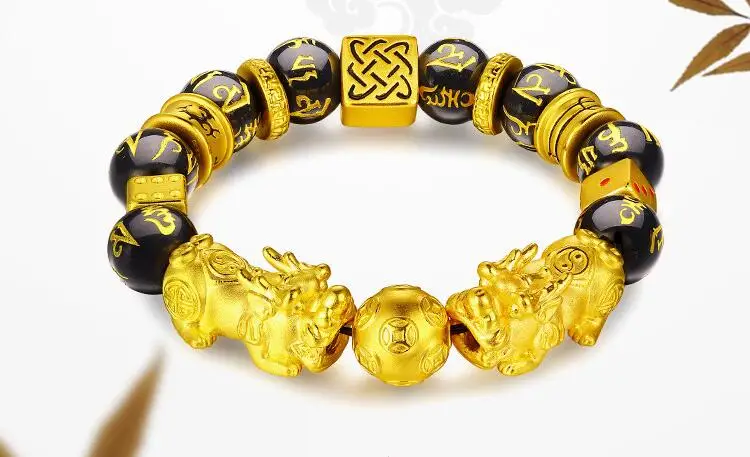 Браслет с имитацией золота черный обсидиановый браслет бисером фэн шуй