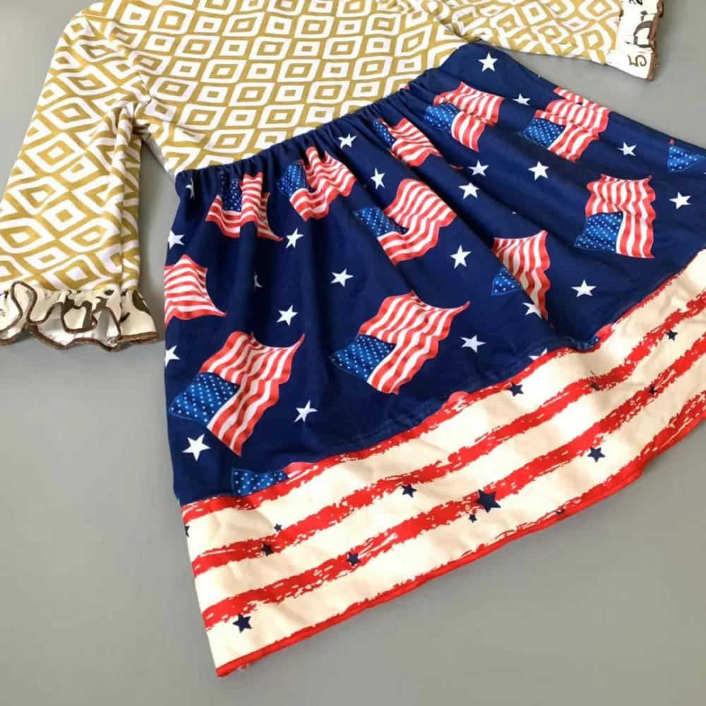 

100% cotton Toddler Summer and Autumn American flag ruffles Baby Girls dress Hot Sale New style Dress for present