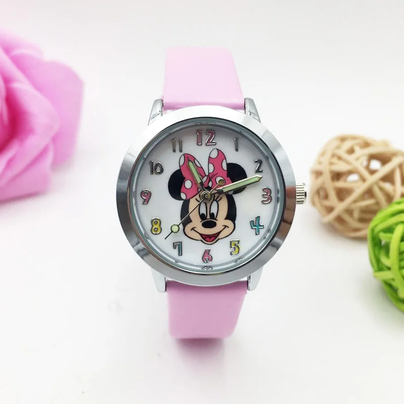 Mickey 5 Мультфильм часы с изображением мыши для детей девочек Студенческие Кварцевые наручные часы PU Кожаный ремешок светящиеся руки наручные часы - Цвет: Mickey 5