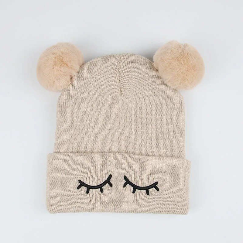 Beige Новые осенние для маленьких мальчиков и девочек шапка зимние теплые Кепки детей Пом Англичане Бал шапочки дети милые ресниц вышивка Кепки h12 - Цвет: Beige