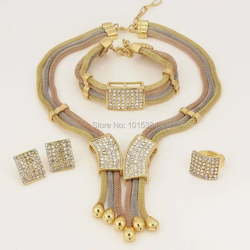 New Year Sales~ Three Tone Charms Choker Dubai Elegant Women Gifts Necklace Bracelet Earring Ring Sets Crystal Jewelry | Украшения и