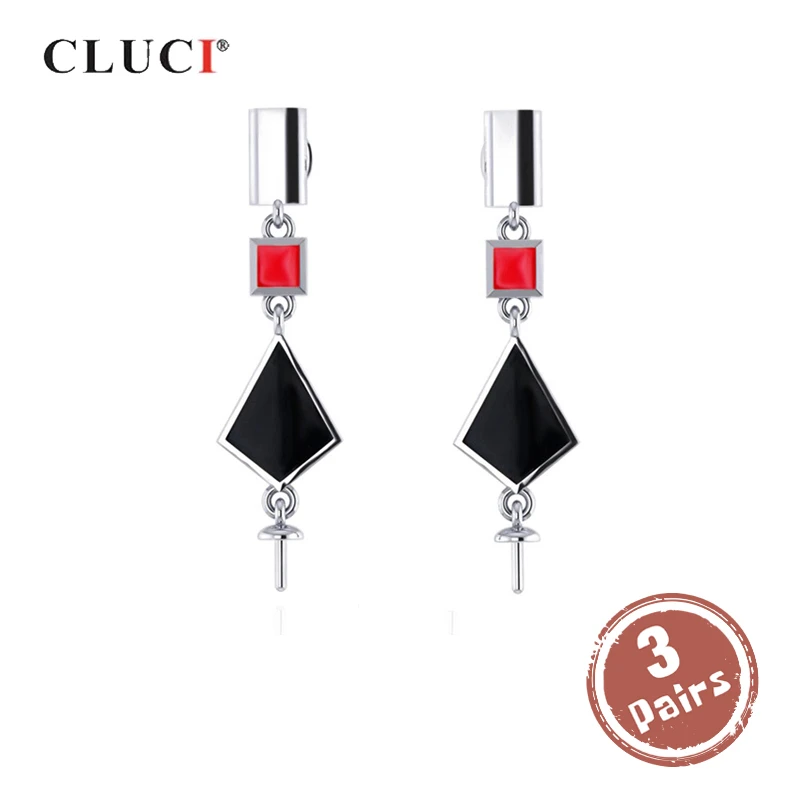 

CLUCI 3 pair Silver 925 Black Punk Earrings For Women Pearl Earrings Mounting 925 Sterling Silver Drop Earrings SE111SB