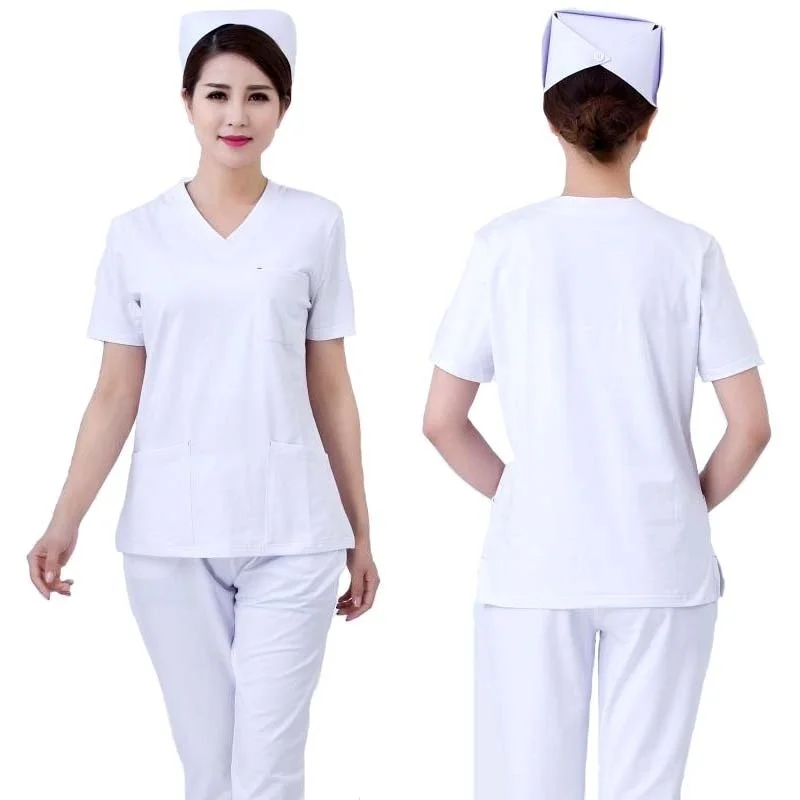 Women's Fashion Scrub Set Nursing Scrubs V-neck Top with Side Vent + Elastic Waistline Pants Medical Uniforms Cotton Surgery |