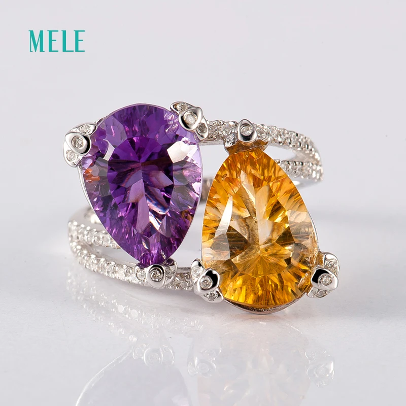 Мелеобразный натуральный аметист и цитрин серебряное кольцо вогнутая резка