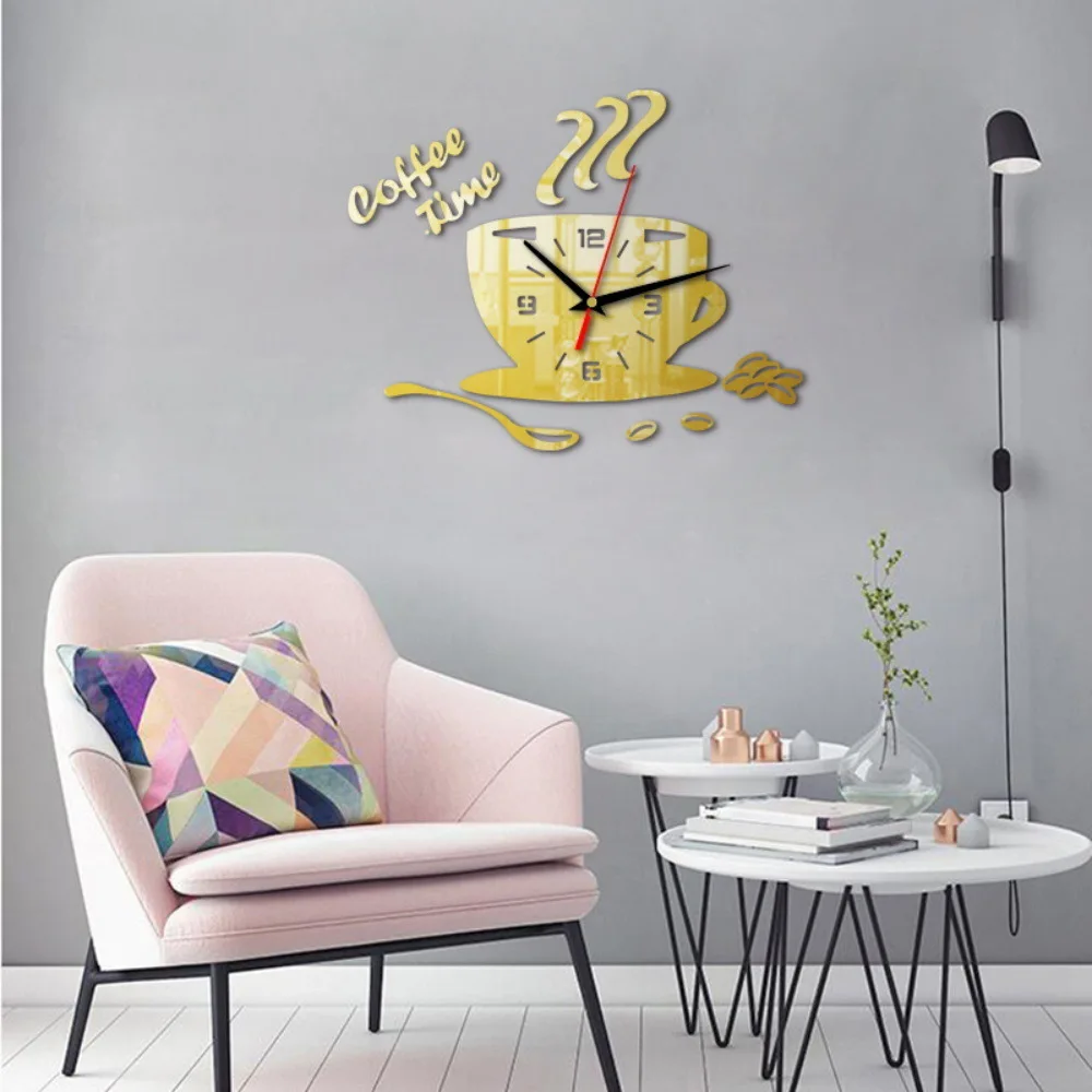 3D Diy Coffee Time Clock Acrylic Wall Clock Modern For Kitchen Home Decor Cup Shape Wall Sticker Hollow Numeral Clock