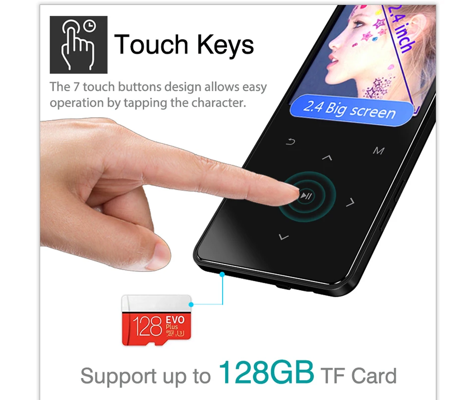 MP3 плеер с Bluetooth, fm-радио, динамик, наушники с сенсорными клавишами, экран 2,4 дюйма, HiFi, Walkman, спортивный MP 3 Flac музыкальный плеер для детей