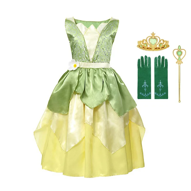 Tiana Dress Set 02 MUABABY костюм принцессы Тиана для девочек детское платье принцессы без рукавов и платье с лягушкой на Хеллоуин, детская вечеринка, танцевальная фантазия - Цвет: Tiana Dress Set 02