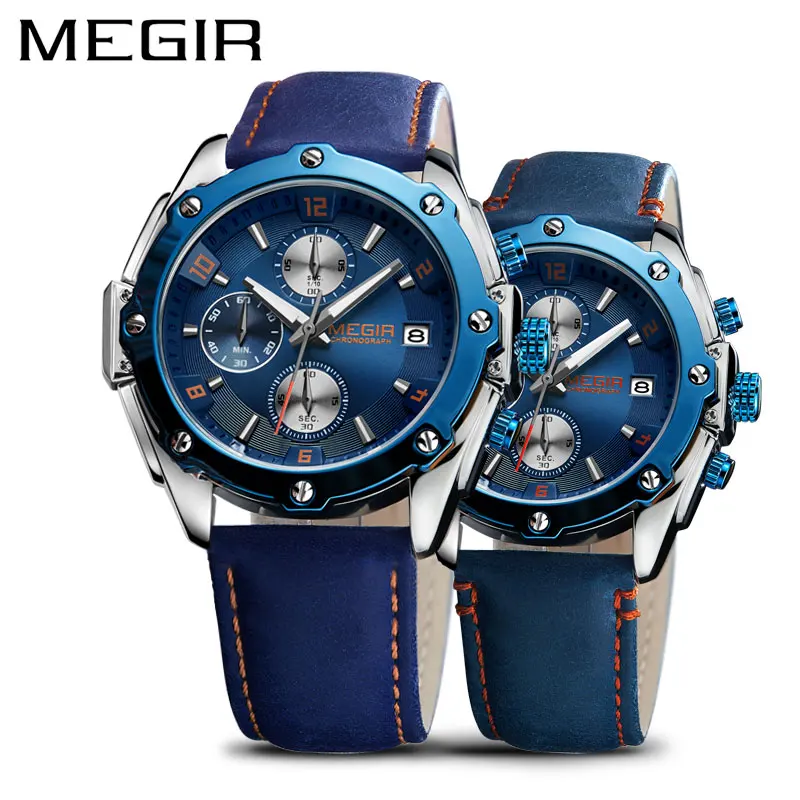 

MEGIR Mens Watches Top Brand Luxury Blue Leather Chronograph Lovers Quartz Watch Clock Set Relogio Masculino Erkek Kol Saati