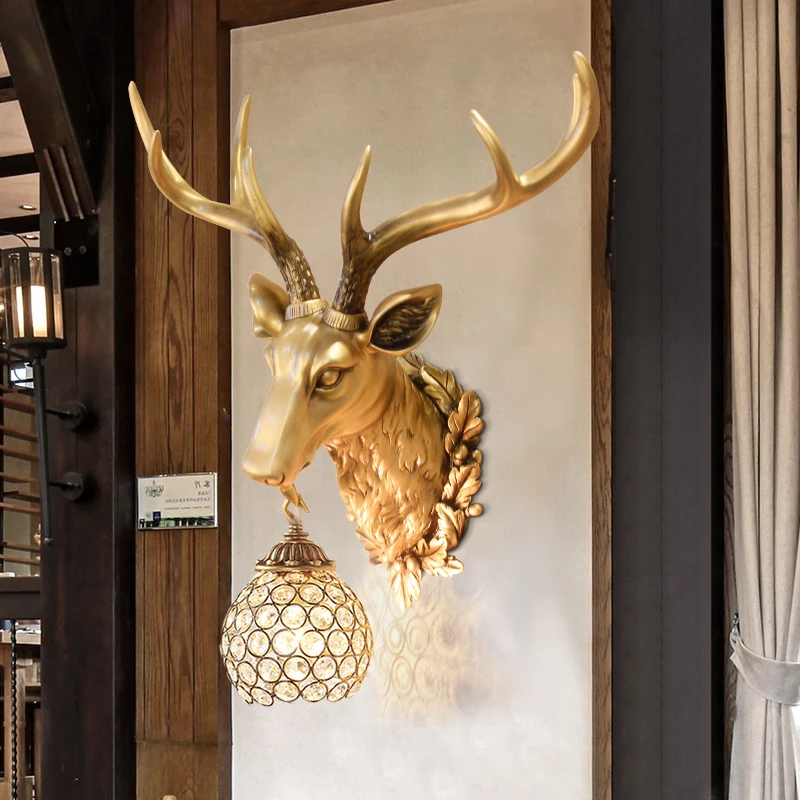 

Retro retro wall lamp antlers wall room living bed bedside Deer head lampgarden decoration home decoration accessories statue