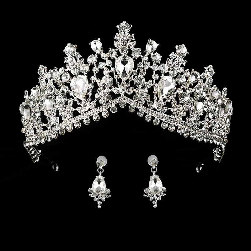 silver Свадебная Корона, королевская свадебная тиара, Королевская корона невесты и серьги, маскарадная красная, синяя, зеленая повязка на голову, украшение для волос принцессы - Окраска металла: silver