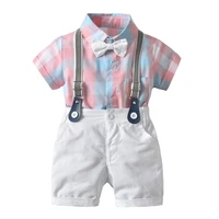 summer baby boy clothes suits gentleman boy short sleeve plaid shirt overalls shorts with tie cotton wedding boys clothes set