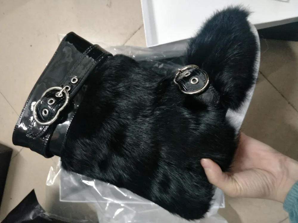 Зимняя брендовая женский черный/красный/голубой Лакированная кожа Кролик Мех