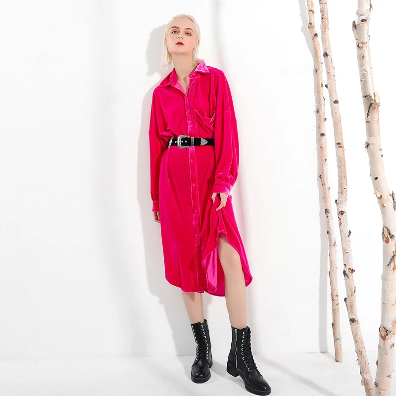 

Johnature Vintage Autumn 2021 New Women Dress Elegant Turn-down Collar Long Sleeved Loose Comfortable Sashes Lady Shirt Dress