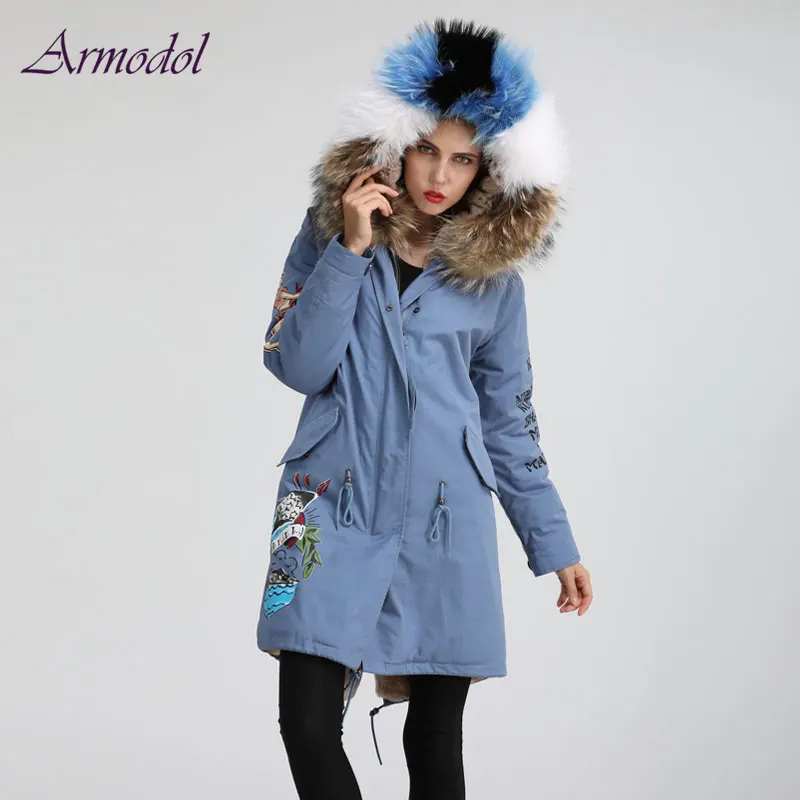 

New Arrival Winter New style Blue color Printing Jacket Women Beautiful Raccoon fur collar Long parka Free shipping