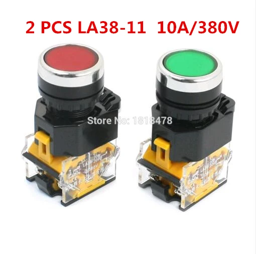 2 шт LA38-11 22 мм Панель Вырез Dia 10A 380 V DPST Красный Зеленый Мгновенный кнопочный переключатель
