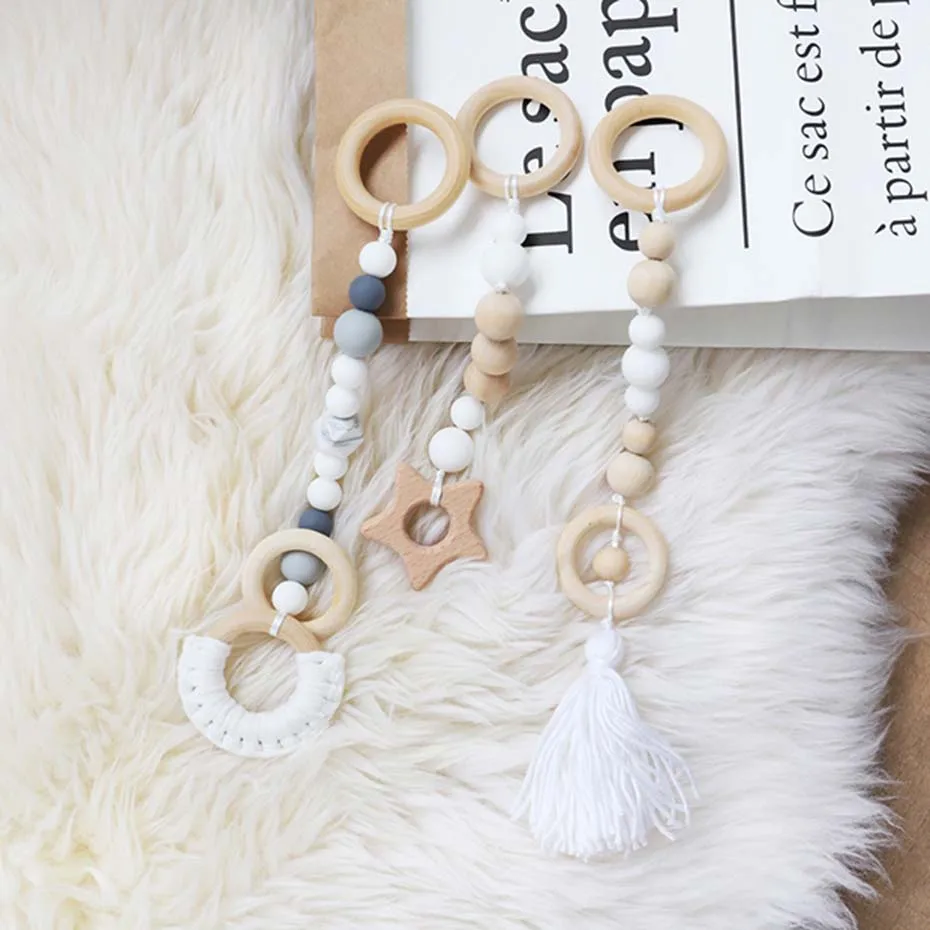 CHEWELRY 3Pc/Lot Baby Wooden Rattle Wood Ring Teesel Teether For Kids Baby Toy Silicone Teething Beads Silicone Teether For Kids - Цвет: as picture