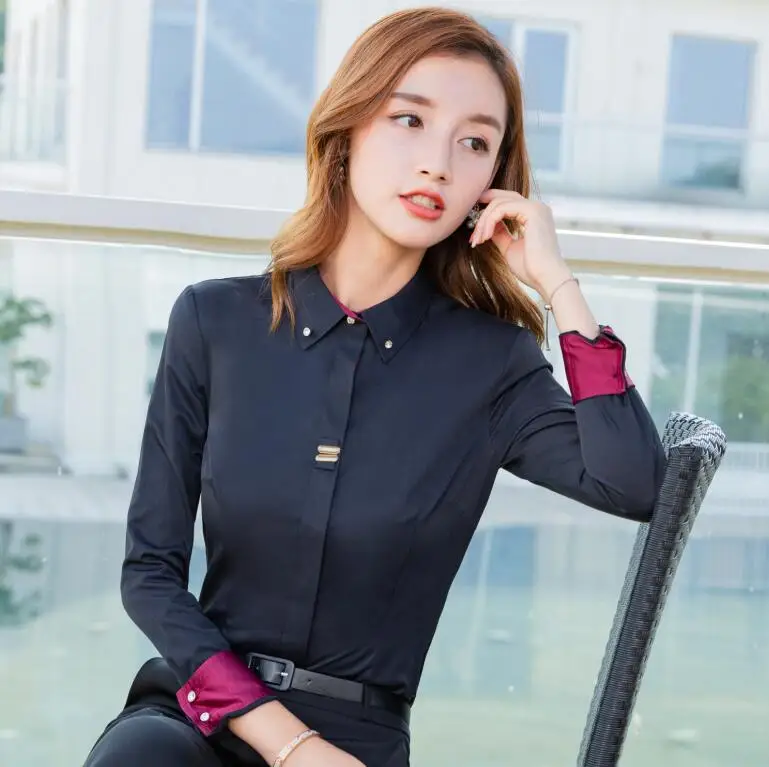 Long sleeve Black Летняя мода, женская рубашка с коротким рукавом, черная, белая, формальная, тонкая, из кусков, расшитая блестками, хлопковая блузка, офисная, для девушек размера плюс, топы - Цвет: Long sleeve Black