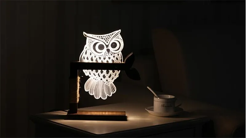 FUMAT 3D Acrylic Owl Lamp Creative Cute OWL Wooden Base Decor Bedside Table Lampara Xmas Gift Brithday | Лампы и освещение