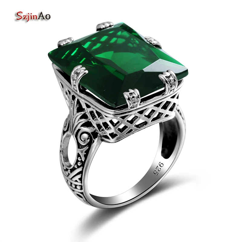

Szjinao Massive Green Emerald Ring Vintage 925 Sterling Silver With Stone Women Punk Party Fine Jewelry Bague Beautiful Gift Hot