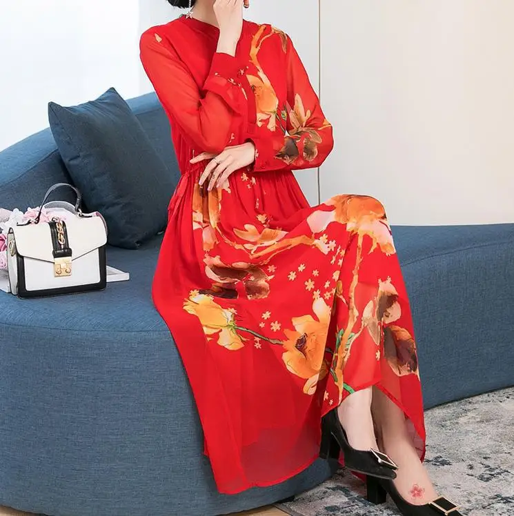

New 2019 Faux Silk Dress Spring Autumn Design Women Long Sleeve Flower Print Loose Slim Elegant Long Dresses RE2152