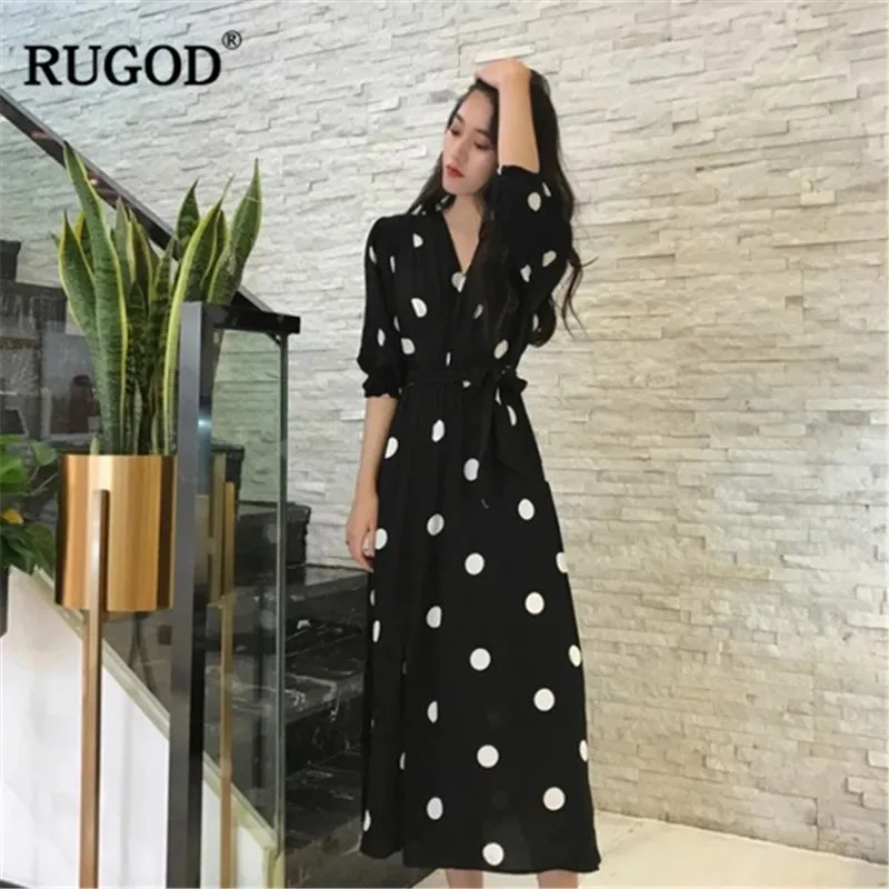 

RUGOD Spotted Women Dress V neck Short Sleeves Mid-calf A line Bodycon Elegant Office Ladies Wearing modis femme vestido verano