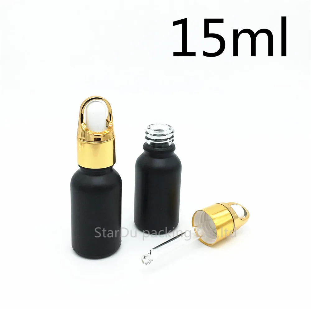 

12pcs 15ml Black Frosted Glass Essential Oil Bottle With Gold Flower Basket Ring Dropper Glass Perfume Bottle