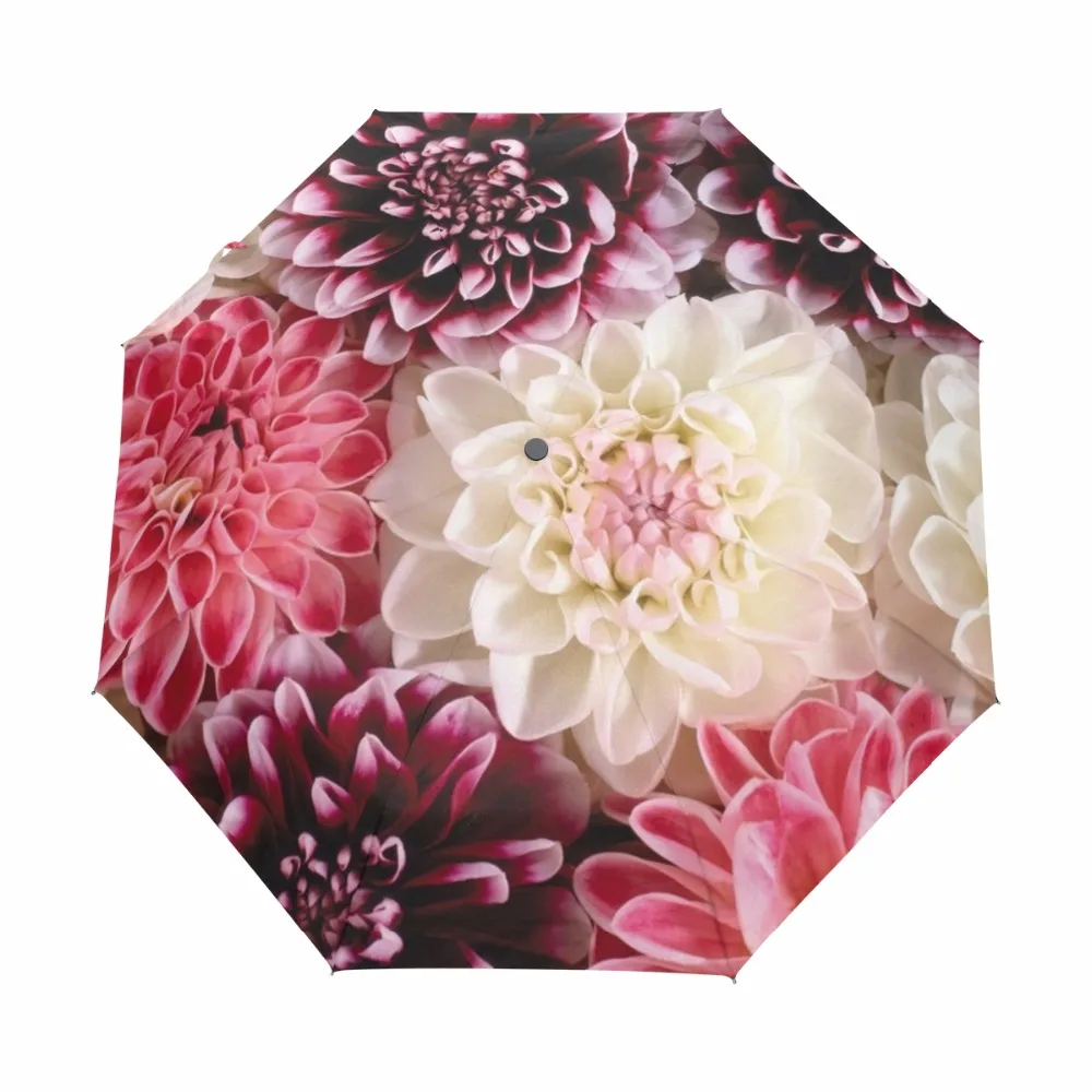 

Automatic Red White Flower Umbrella Rain Women Double Layers Three Folding Customized Umbrella Female Rain Tools Parasol