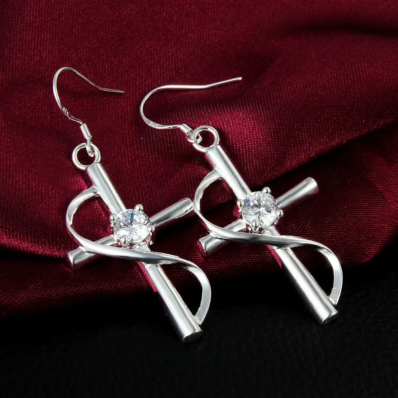 Party Jewelry Dress Earring Silver Plating Cross Drop with Zircon for Women Dangle Earrings | Украшения и аксессуары