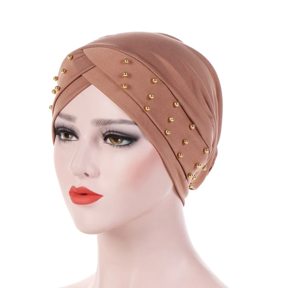 

New Pattern Elastic Force Cloth Forehead Crossing Nail Pearl Scarf Hat Hijab Turban Muslim Dress Headscarf Turbante