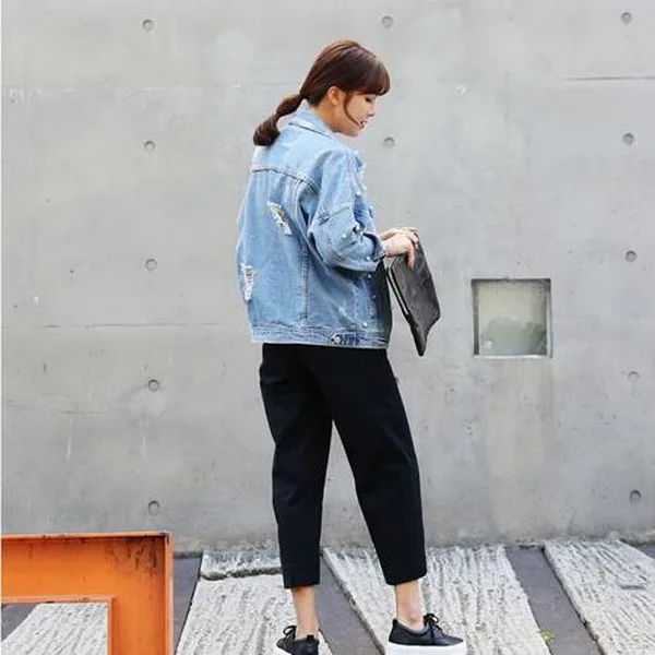 Южная Корея свободный крой рисунок в мелкую клетку отверстие бисера джинсы с