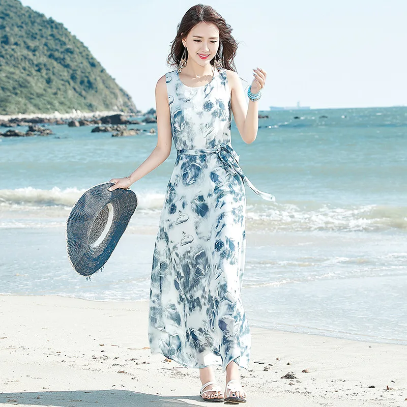 Summer Floral Print Boho Beach Dress Women Long Maxi Sleeveless Party Lace Up Vintage Vestidos S-2XL | Женская одежда