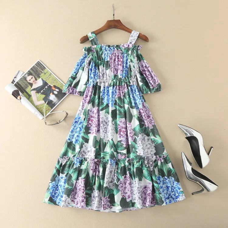 Женское летнее хлопковое платье выше колена с принтом гортензии | Женская одежда