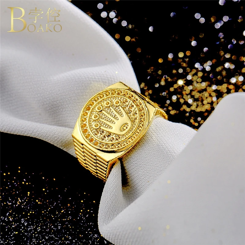 BOAKO Rapper Men Ring Wide Hip Hop Statement Gold Engraved Luxury Iced out crown anillos hombre party jewelry | Украшения и