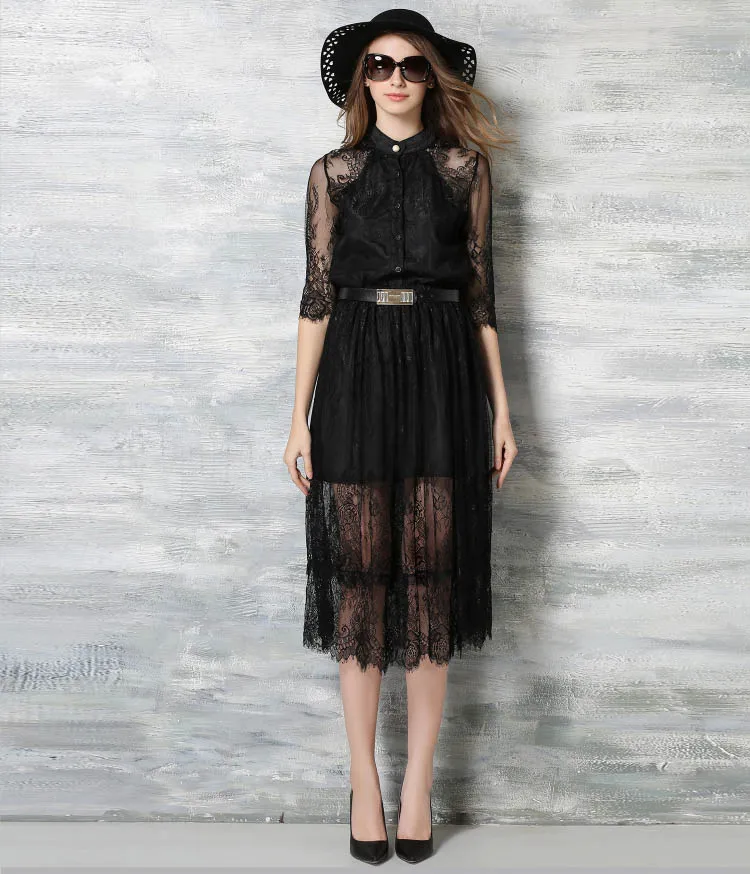 Лето 2017 Black Dress Дамы Кружева Сетки Лоскутное Рукав реглан Поясом Длинные Платья На