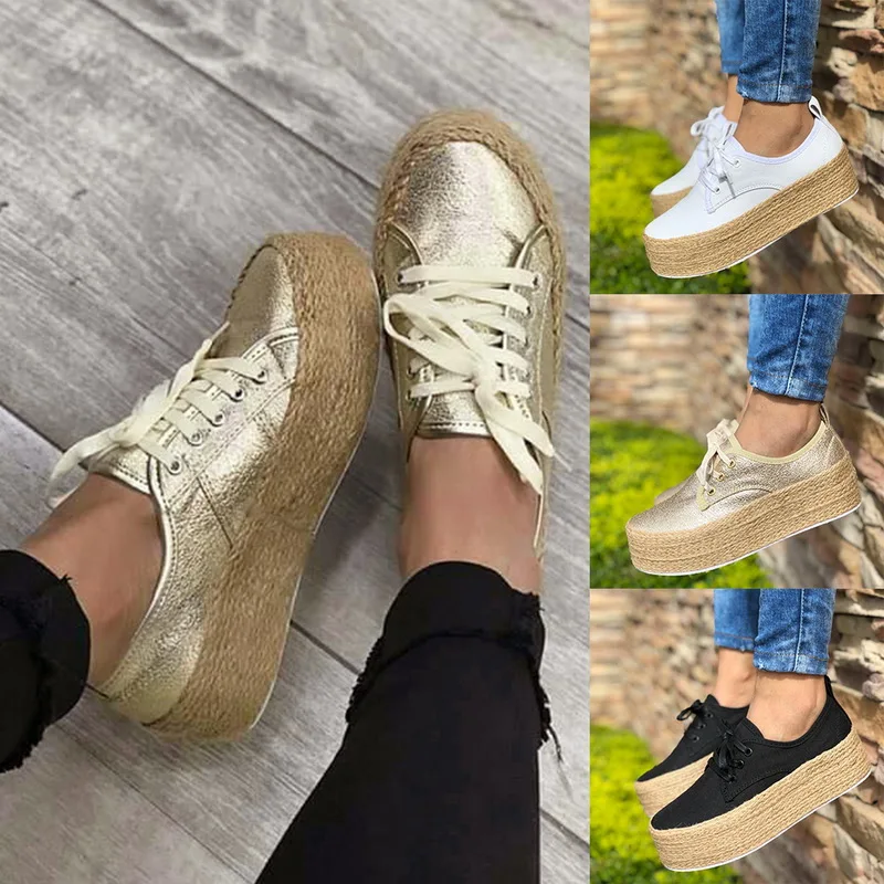 Laamei Women Espadrille Shoes Canvas Thick Bottom Flats Shoes Girls Lace Up Round Toe Casual Flats Plus Size Drop Shipping