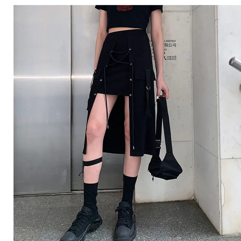 Черная Асимметричная юбка А силуэта в стиле Харадзюку с завышенной талией летняя