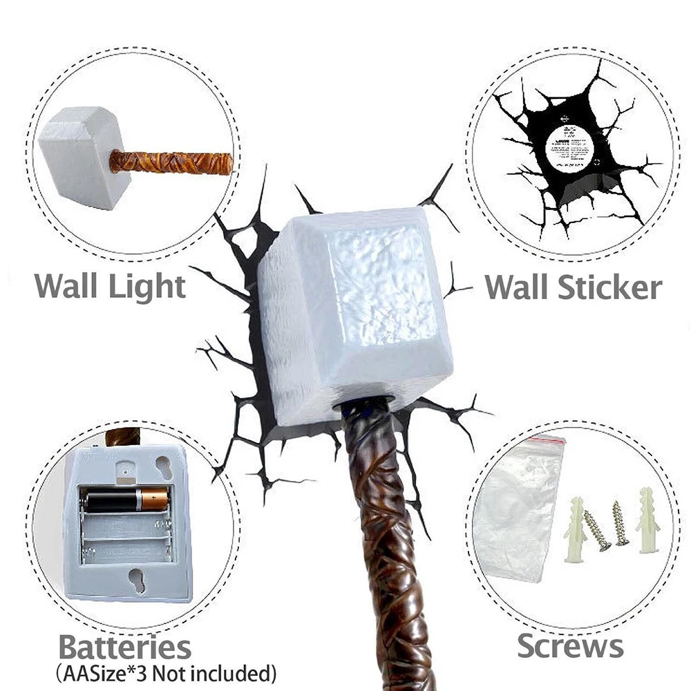 GUXEN Marvel Hammer 3D Night light Amazing Creative Sticker for bed lights iron lamp led avengers wall deco lighting | Лампы и