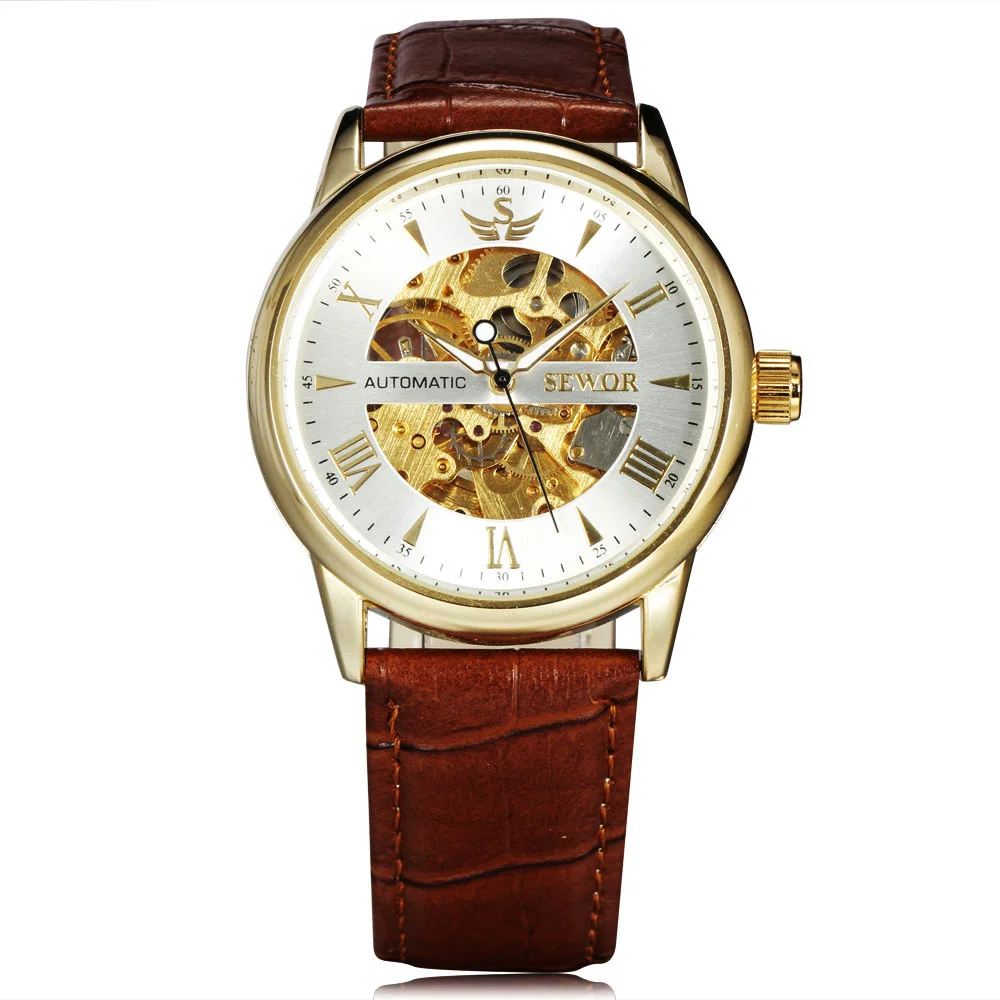 Мужские механические часы скелетоны с кожаным ремешком под давлением|wristwatches